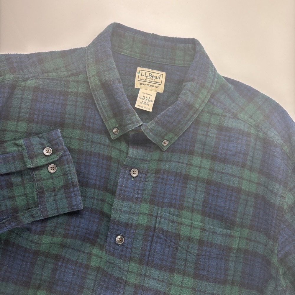 Vintage LL Bean Shirt Mens XL Green Blue Plaid Flannel Outdoors Camp Classic